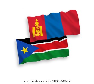 National vector fabric wave flags of Mongolia and Republic of South Sudan isolated on white background. 1 to 2 proportion.
