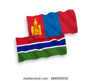 National vector fabric wave flags of Mongolia and Republic of Gambia isolated on white background. 1 to 2 proportion.