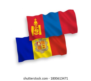 Banderas de olas de tela vectorial nacionales de Mongolia y Andorra aisladas en fondo blanco. de 1 a 2.