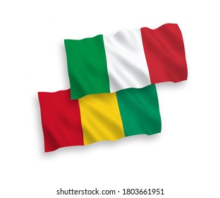 National vector fabric wave flags of Italy and Guinea isolated on white background. 1 to 2 proportion.