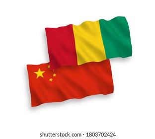 National vector fabric wave flags of Guinea and China isolated on white background 1 to 2 proportion.
