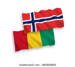 National vector fabric wave flags of Norway and Guinea isolated on white background. 1 to 2 proportion.