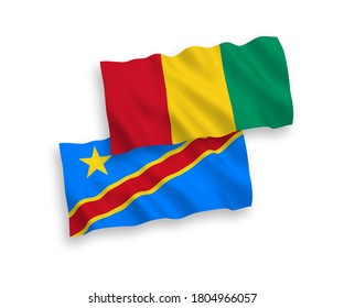 National vector fabric wave flags of Guinea and Democratic Republic of the Congo isolated on white background. 1 to 2 proportion.