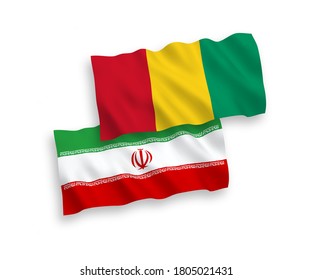 National vector fabric wave flags of Guinea and Iran isolated on white background. 1 to 2 proportion.