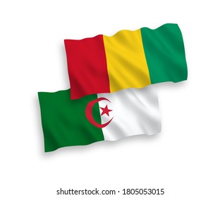 National vector fabric wave flags of Guinea and Algeria isolated on white background. 1 to 2 proportion.