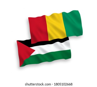 Banderas de ondulación de tela vectorial nacional de Guinea y Palestina aisladas en fondo blanco. de 1 a 2.