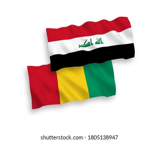 National vector fabric wave flags of Guinea and Iraq isolated on white background. 1 to 2 proportion.
