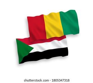 National vector fabric wave flags of Guinea and Sudan isolated on white background. 1 to 2 proportion.