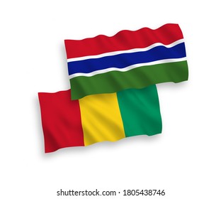 National vector fabric wave flags of Guinea and Republic of Gambia isolated on white background. 1 to 2 proportion.