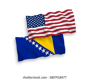 National vector fabric wave flags of Bosnia and Herzegovina and USA isolated on white background. 1 to 2 proportion.