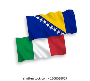 National vector fabric wave flags of Italy and Bosnia and Herzegovina isolated on white background. 1 to 2 proportion.