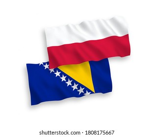 Banderas de olas de tela vectorial nacional de Bosnia y Herzegovina y Polonia aisladas en fondo blanco. de 1 a 2.