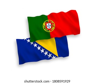 National vector fabric wave flags of Portugal and Bosnia and Herzegovina isolated on white background. 1 to 2 proportion.