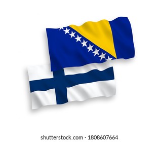 National vector fabric wave flags of Finland and Bosnia and Herzegovina isolated on white background. 1 to 2 proportion.