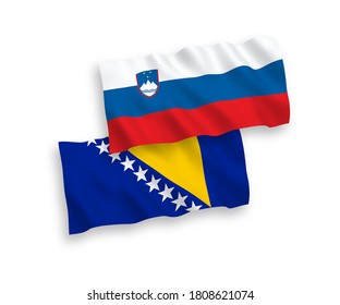 Banderas de olas de tela vectorial nacionales de Eslovenia y Bosnia y Herzegovina aisladas en fondo blanco. de 1 a 2.