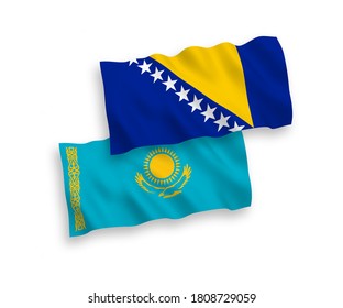National vector fabric wave flags of Kazakhstan and Bosnia and Herzegovina isolated on white background. 1 to 2 proportion.