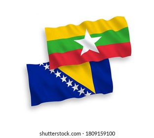 National vector fabric wave flags of Bosnia and Herzegovina and Myanmar isolated on white background. 1 to 2 proportion.