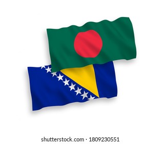 Banderas de ondulación de tela vectorial nacional de Bosnia y Herzegovina y Bangladesh aisladas en fondo blanco. de 1 a 2.