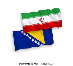 Nationale Vektor-Wellen-Flaggen von Bosnien und Herzegowina und Iran einzeln auf weißem Hintergrund. 1 bis 2 %.