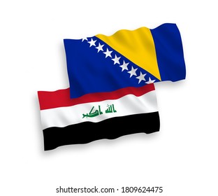 Banderas de ondulación de tejido vectorial nacional de Bosnia y Herzegovina y el Iraq aisladas en fondo blanco. de 1 a 2.