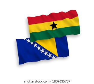 National vector fabric wave flags of Bosnia and Herzegovina and Ghana isolated on white background. 1 to 2 proportion.