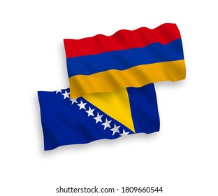 Banderas de ondulación de tela vectorial nacional de Bosnia y Herzegovina y Armenia aisladas en fondo blanco. de 1 a 2.