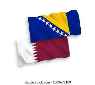 Banderas de olas de tela vectorial nacional de Bosnia y Herzegovina y Qatar aisladas en fondo blanco. de 1 a 2.