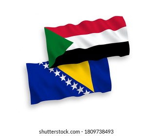 Nationale Vektor-Wellen-Flaggen von Bosnien und Herzegowina und Sudan einzeln auf weißem Hintergrund. 1 bis 2 %.