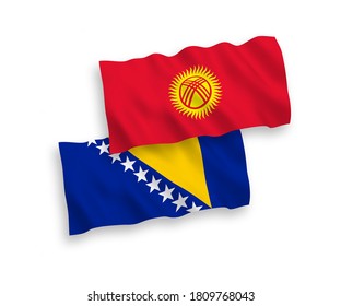 National vector fabric wave flags of Bosnia and Herzegovina and Kyrgyzstan isolated on white background. 1 to 2 proportion.