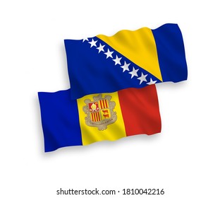 National vector fabric wave flags of Bosnia and Herzegovina and Andorra isolated on white background. 1 to 2 proportion.