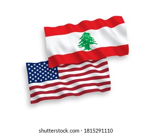 Banderas de olas de tela vectorial nacional del Líbano y Estados Unidos aisladas en fondo blanco. de 1 a 2.