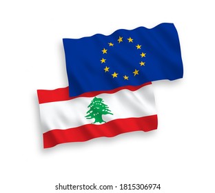Banderas de olas de tela vectorial nacional de la Unión Europea y el Líbano aisladas en fondo blanco. de 1 a 2.