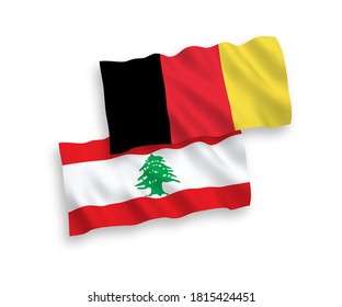 National vector fabric wave flags of Lebanon and Belgium isolated on white background. 1 to 2 proportion.
