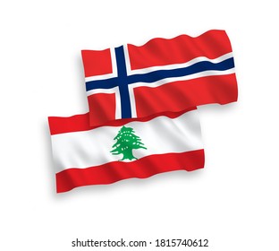 National vector fabric wave flags of Norway and Lebanon isolated on white background. 1 to 2 proportion.