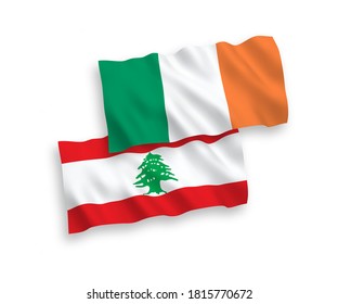 National vector fabric wave flags of Ireland and Lebanon isolated on white background. 1 to 2 proportion.