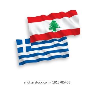National vector fabric wave flags of Greece and Lebanon isolated on white background. 1 to 2 proportion.