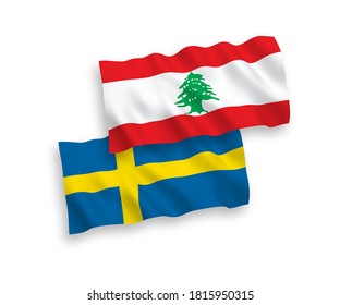 National vector fabric wave flags of Sweden and Lebanon isolated on white background. 1 to 2 proportion.