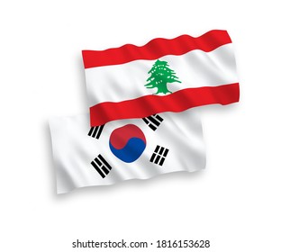 National vector fabric wave flags of South Korea and Lebanon isolated on white background. 1 to 2 proportion.