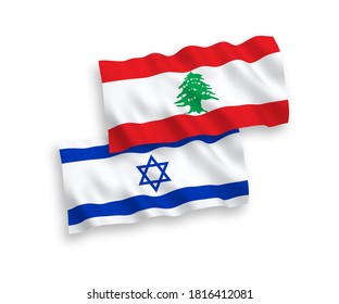 National vector fabric wave flags of Lebanon and Israel isolated on white background. 1 to 2 proportion.