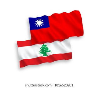 National vector fabric wave flags of Lebanon and Taiwan isolated on white background. 1 to 2 proportion.