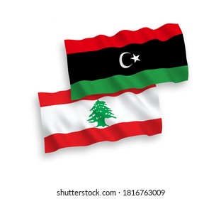 Nationale Vektor-Wellen-Flaggen von Libanon und Libyen einzeln auf weißem Hintergrund. 1 bis 2 %.