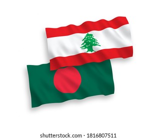 National vector fabric wave flags of Lebanon and Bangladesh isolated on white background. 1 to 2 proportion.
