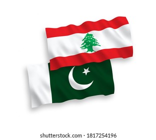 National vector fabric wave flags of Lebanon and Pakistan isolated on white background. 1 to 2 proportion.