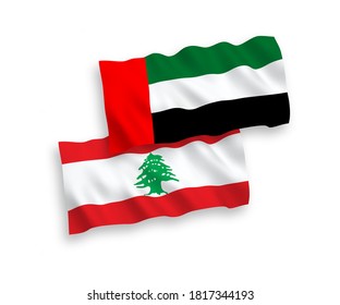 National vector fabric wave flags of Lebanon and United Arab Emirates isolated on white background. 1 to 2 proportion.