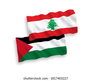 National vector fabric wave flags of Lebanon and Palestine isolated on white background. 1 to 2 proportion.