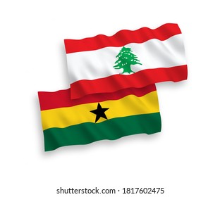 National vector fabric wave flags of Lebanon and Ghana isolated on white background. 1 to 2 proportion.