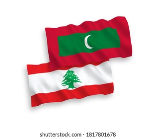 National vector fabric wave flags of Lebanon and Maldives isolated on white background. 1 to 2 proportion.