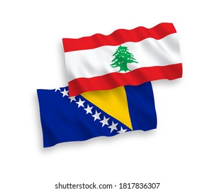 Banderas de olas de tela vectorial nacional del Líbano y Bosnia y Herzegovina aisladas en fondo blanco. de 1 a 2.
