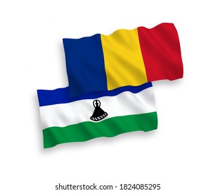 National vector fabric wave flags of Romania and Lesotho isolated on white background. 1 to 2 proportion.
