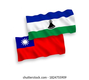 National vector fabric wave flags of Lesotho and Taiwan isolated on white background. 1 to 2 proportion.